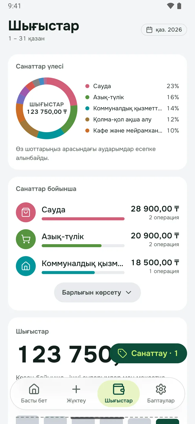 Шығыстар экраны: санаттардың үлесі және санаттар бойынша сомалар